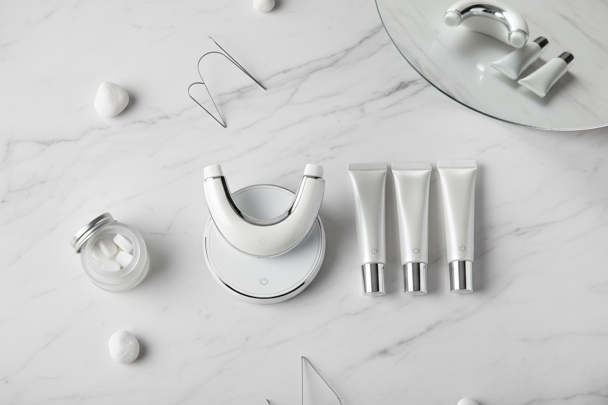 Teeth whitening kit flat lay