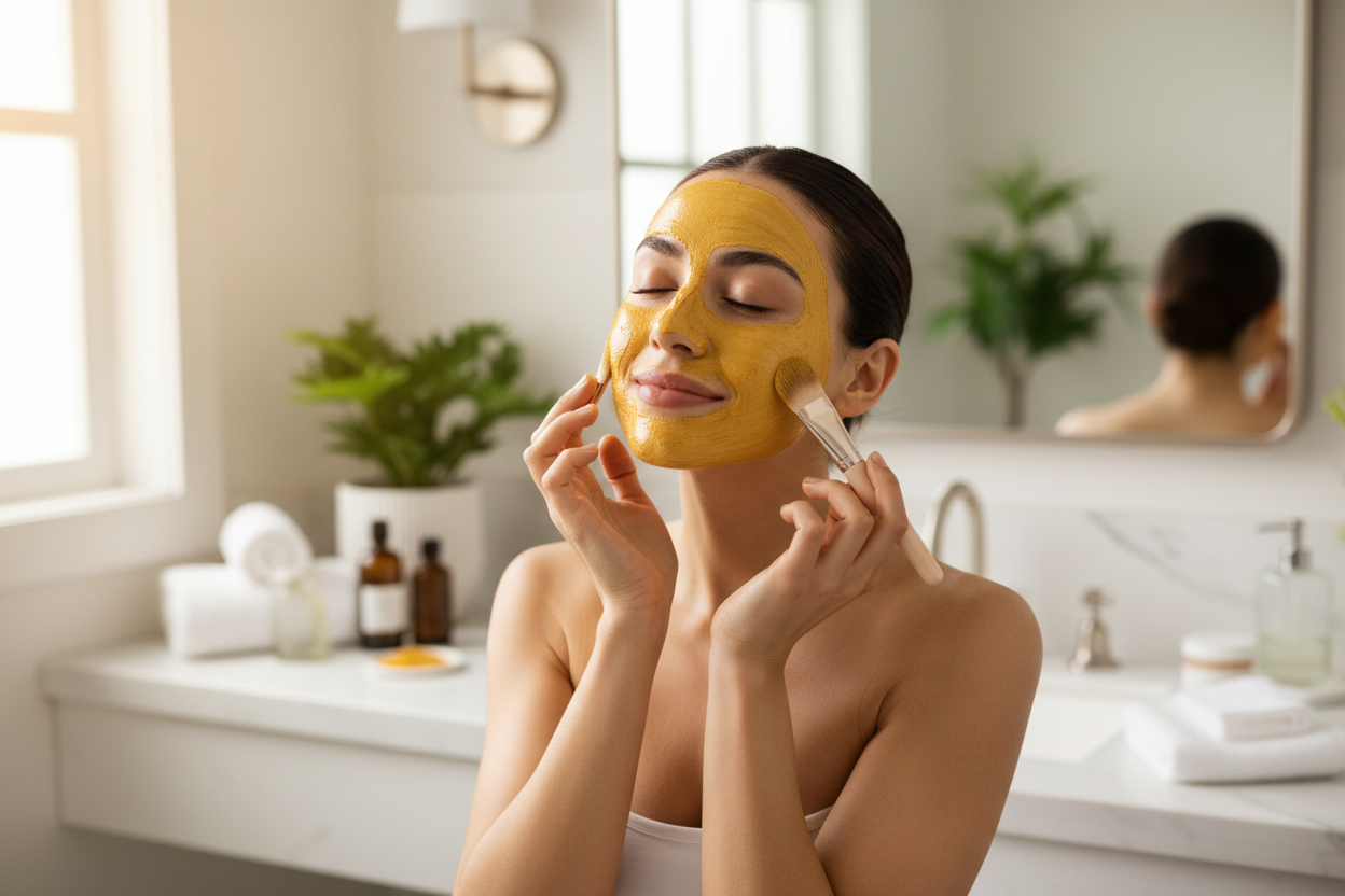 Vrouw brengt kurkuma masker aan