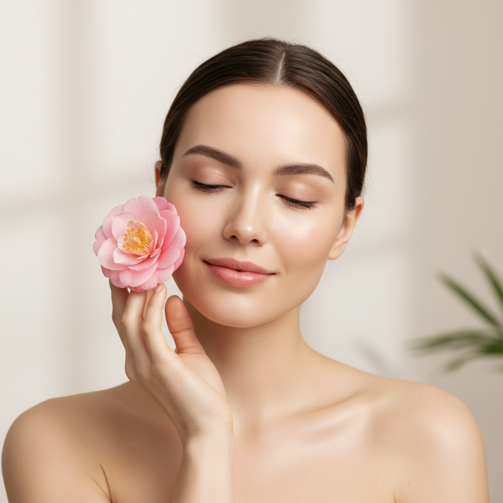 Vrouw met roze bloem - beauty portrait